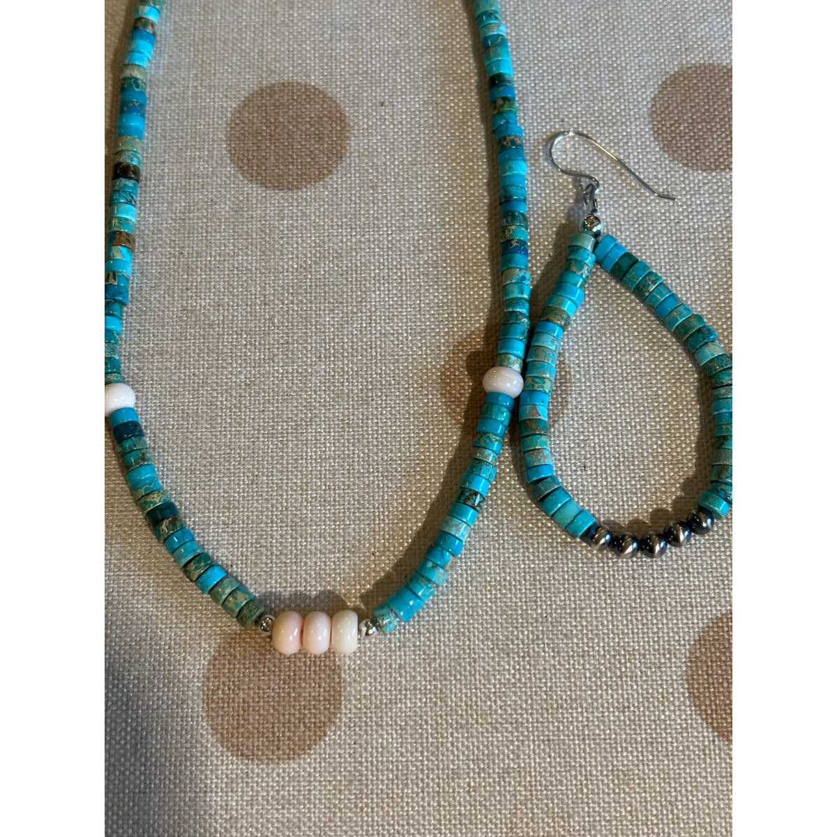 Turquoise| Jasper Heishi necklace with Pink Conch & Matching Earrings.