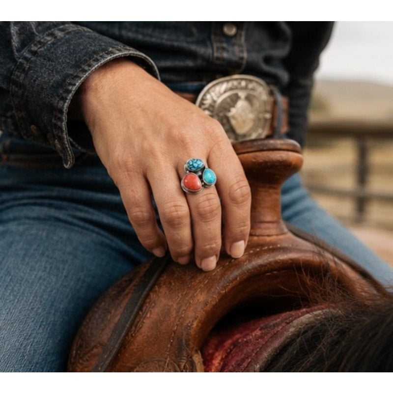 Kingman & Blue Turquoise Red Coral 3-Stone Sterling Silver Ring