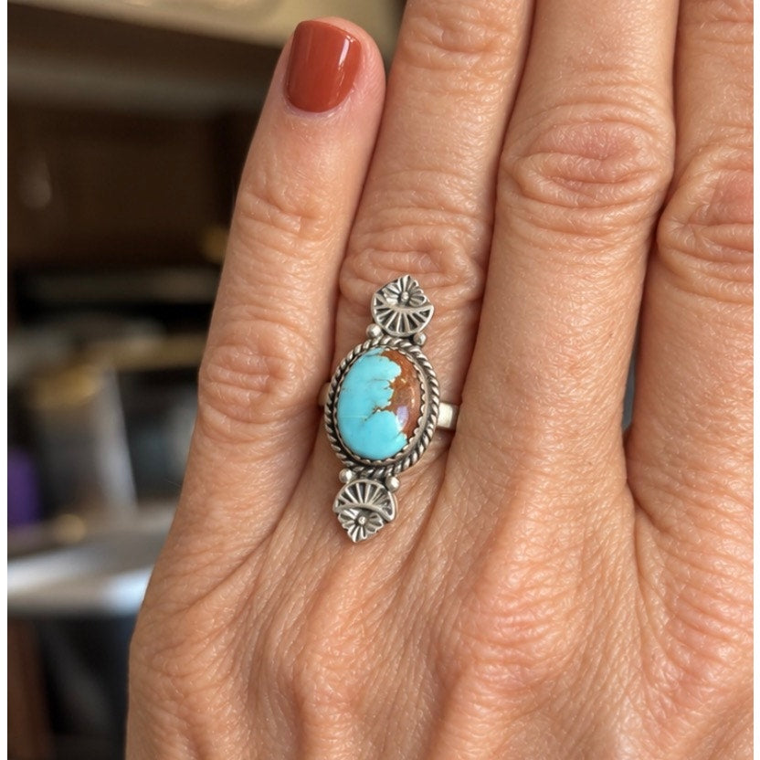 Number 8 Turquoise & Sterling Silver Western Ring sz 8 adj