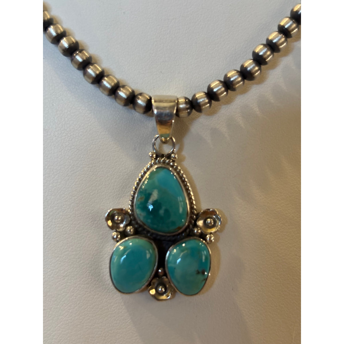 Kingman Turquoise Sterling Silver Pendant with 3mm Desert Pearl Chain Necklace