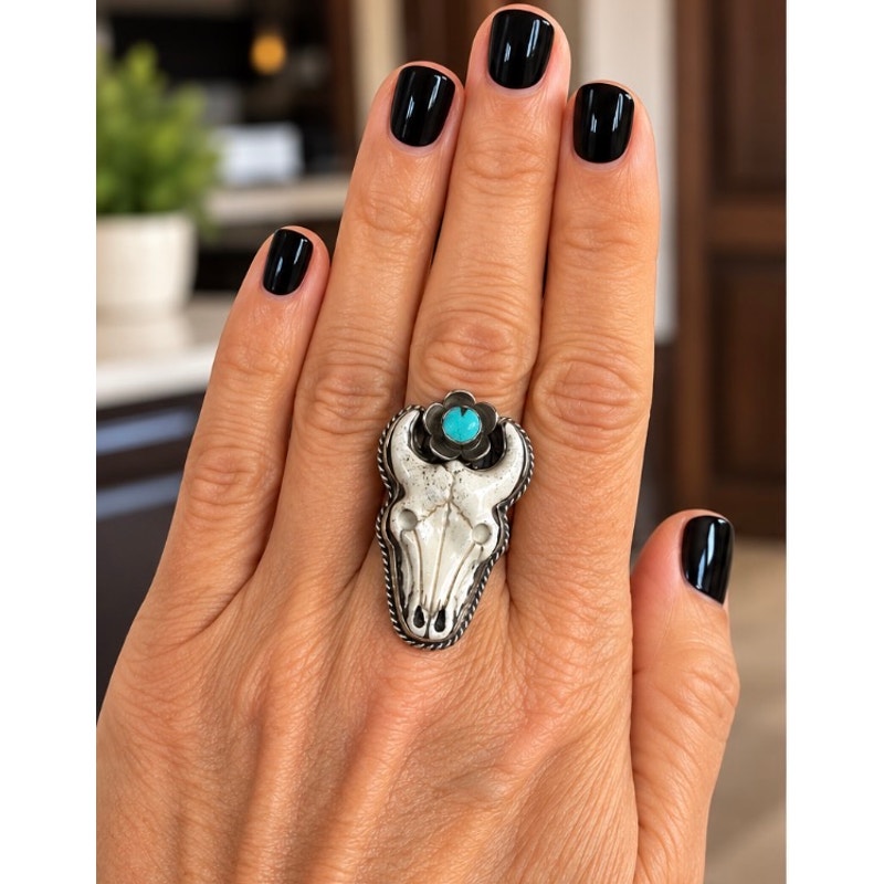 Mohave Turquoise and Bone Steer Head Western Ring
