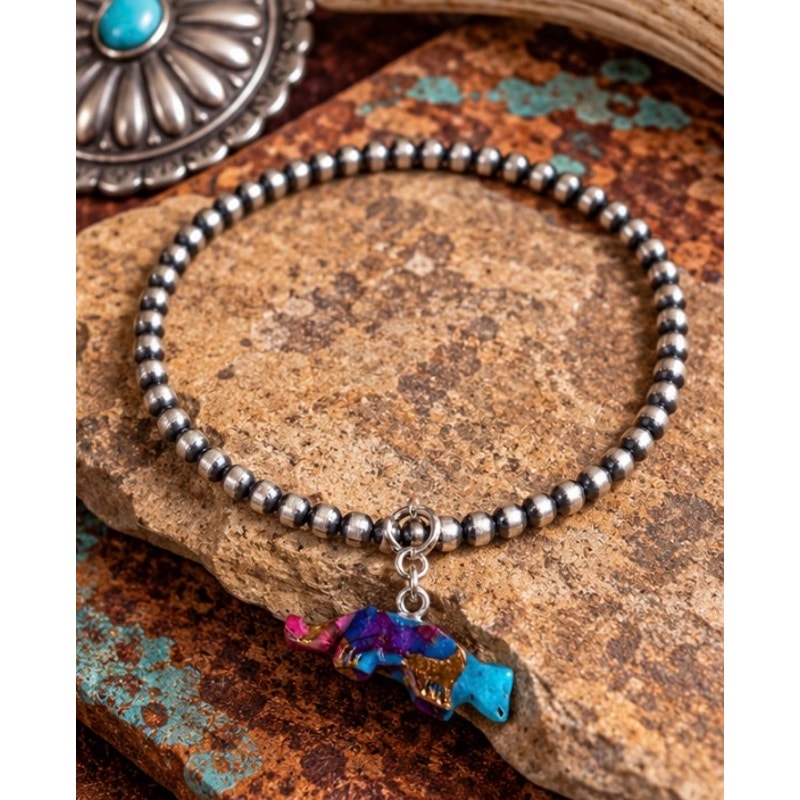 Southwestern 3mm Pearl Bead 7" Bracelet with Hand-Carved Spiny Orange Wolf Charm