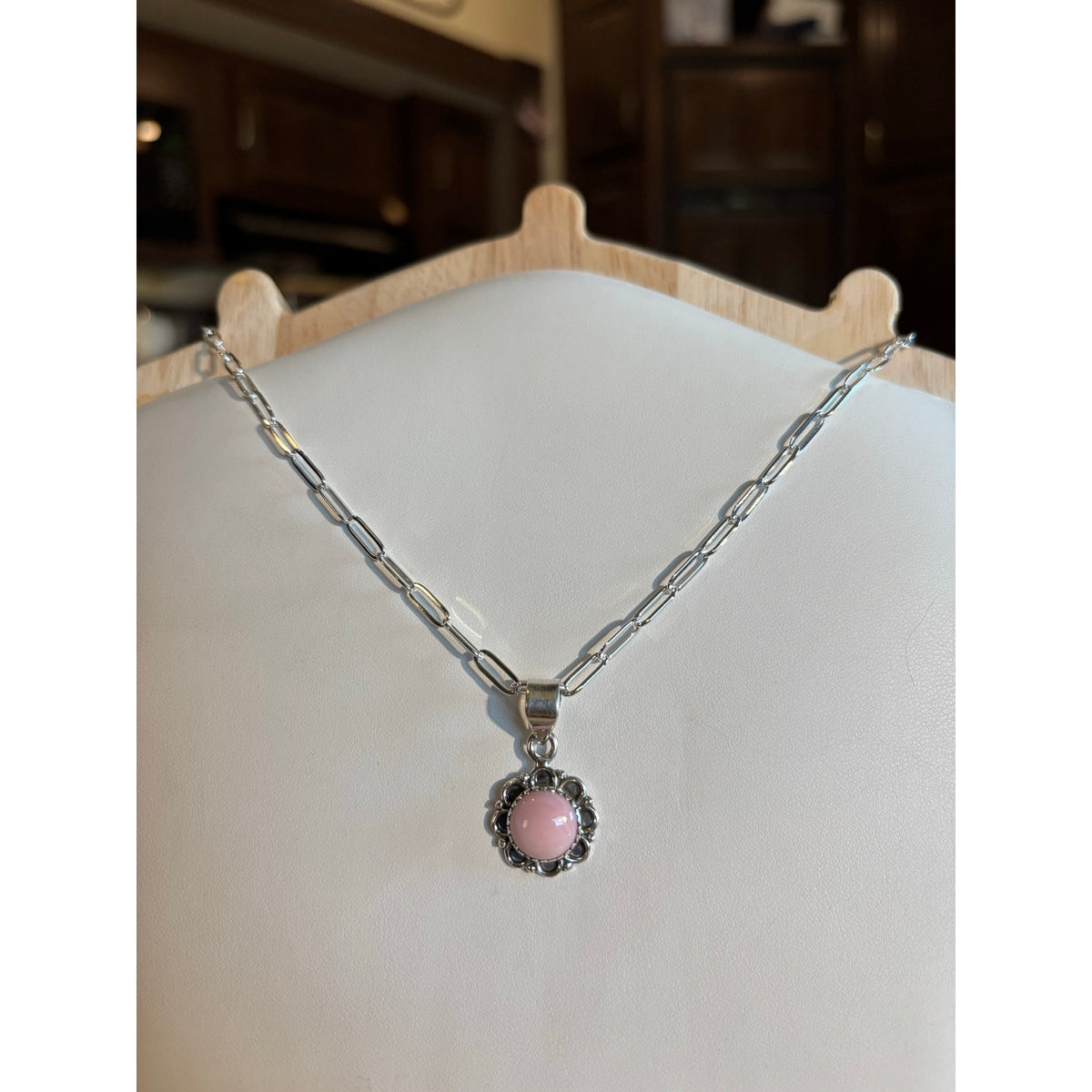 Pink Conch Round Pendant Sterling Silver Necklace – Adjustable 14-20"