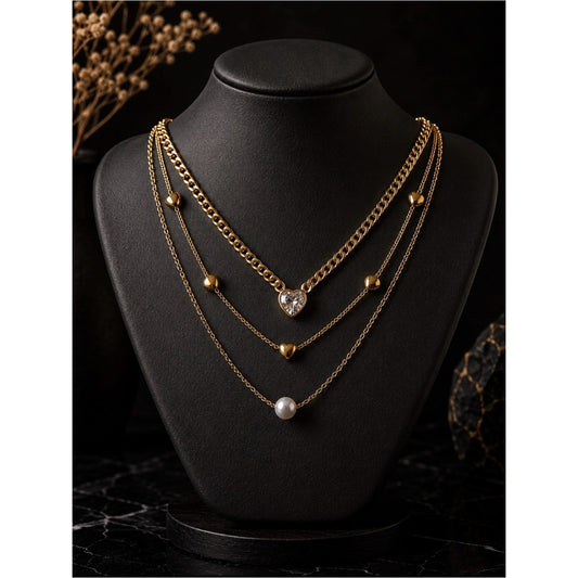 18k Gold Plated Water Resistant Tarnish Free Gold Layered Heart, Pearl Necklace