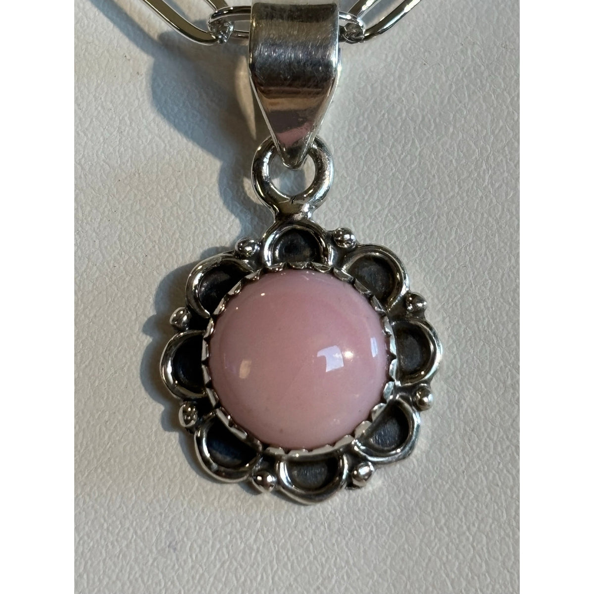 Pink Conch Round Pendant Sterling Silver Necklace – Adjustable 14-20"