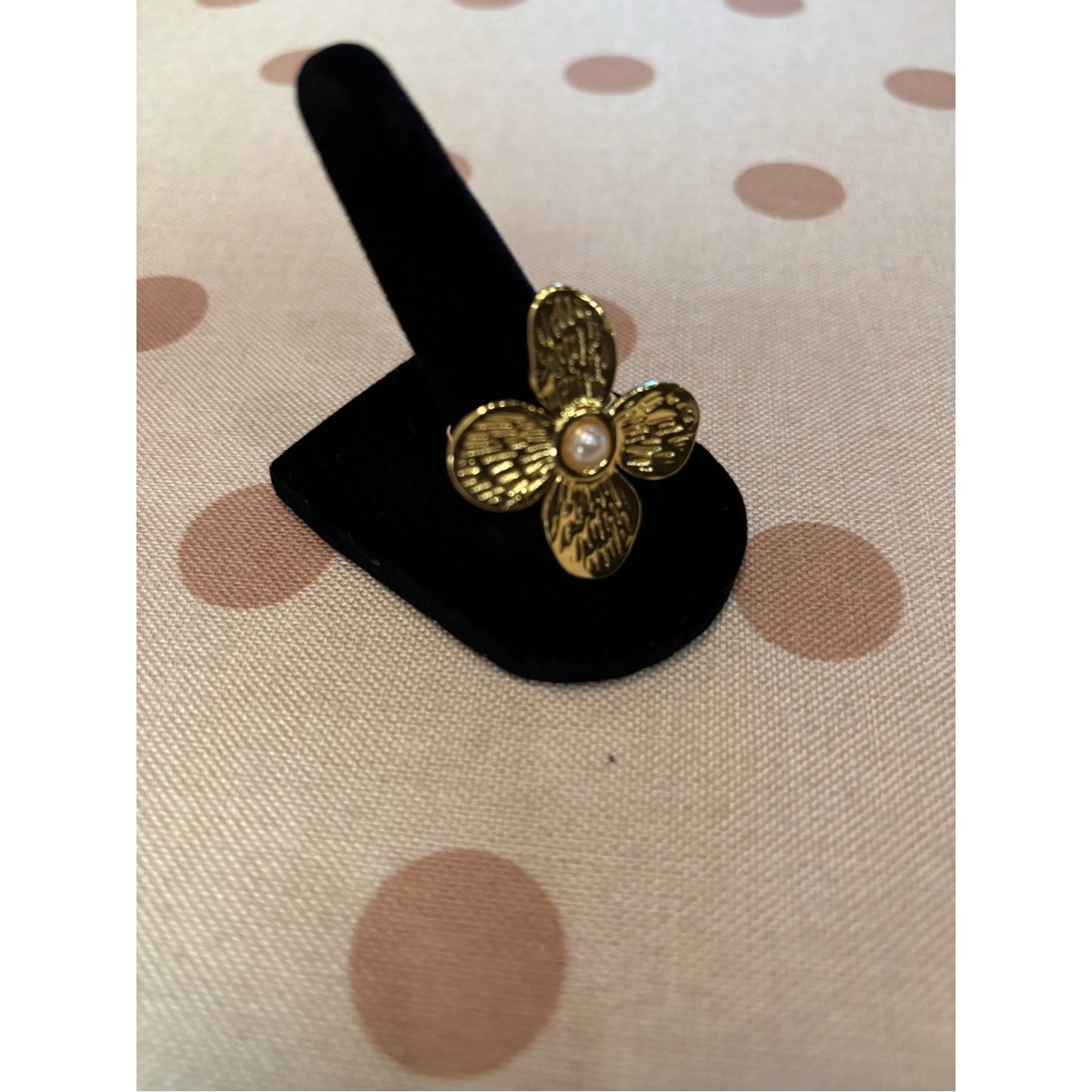 Gold 18 Carat Gold Plated tarnish and water proof Flower Ring with pearl accent.