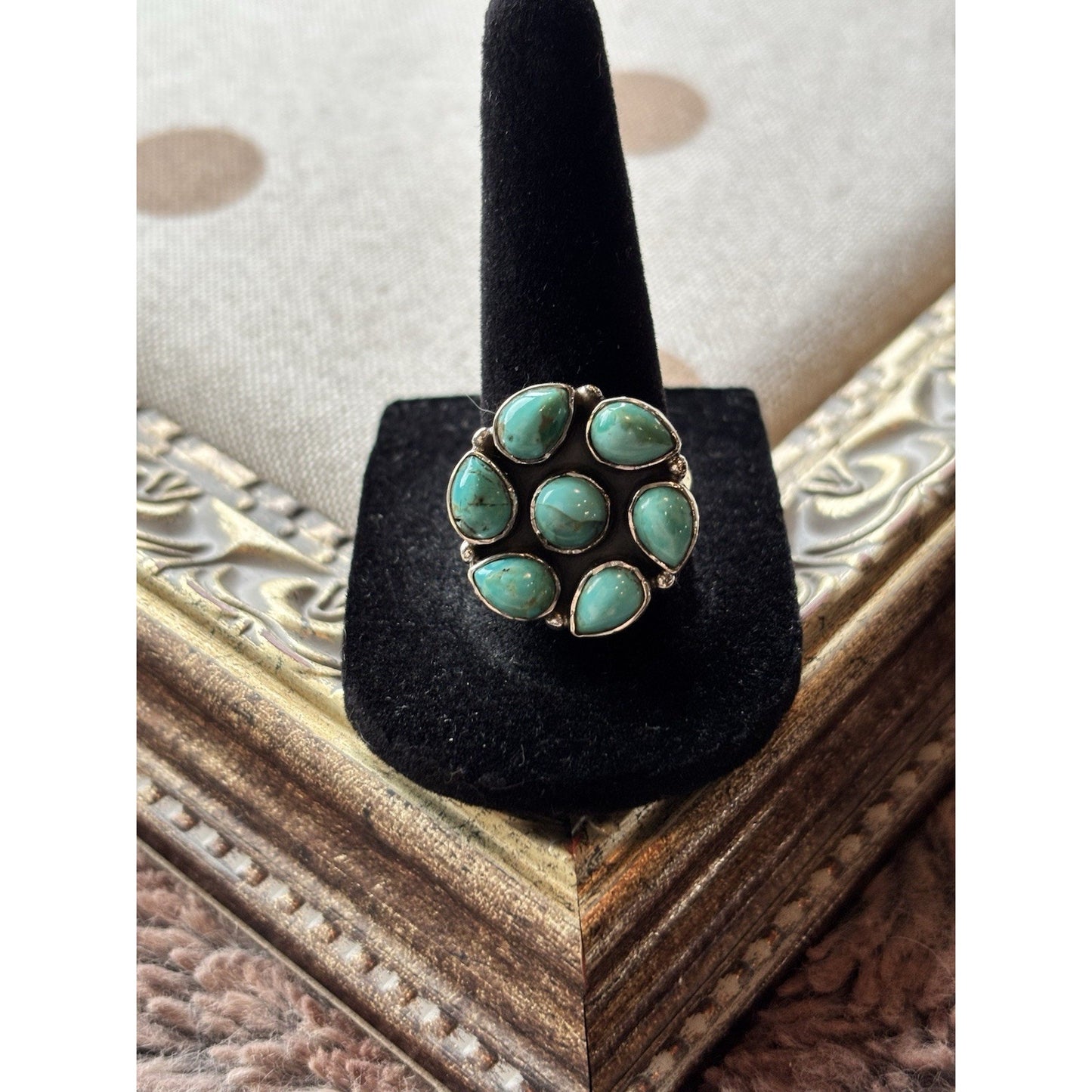 Kingman Mohave Turquoise Cluster Ring, 925 Sterling Silver