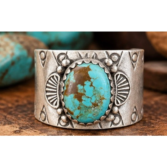 Number 8 Turquoise Southwestern Cigar Band Ring – Sterling Silver