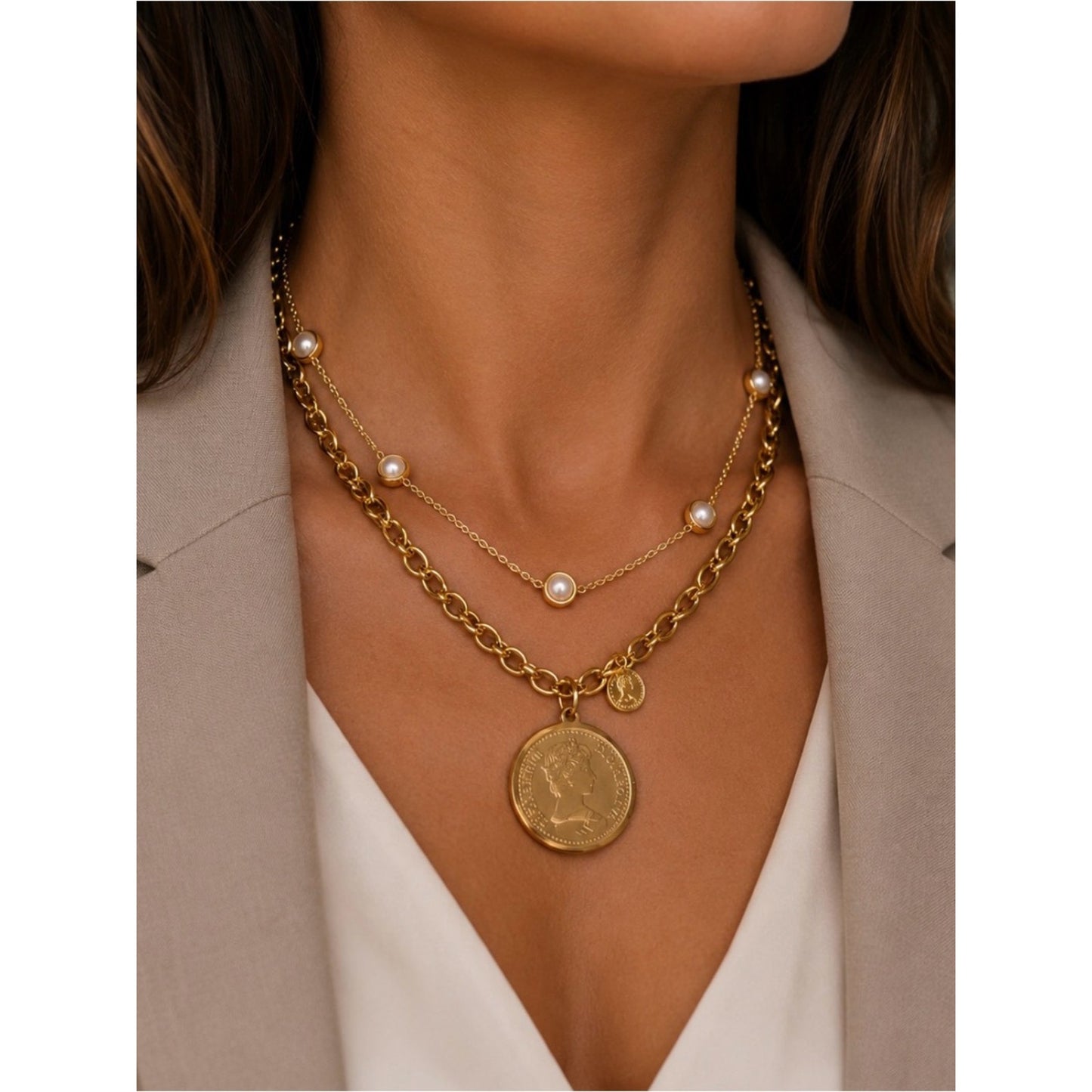 Gold-Tone Layered Chain Necklace with Pearl Accents