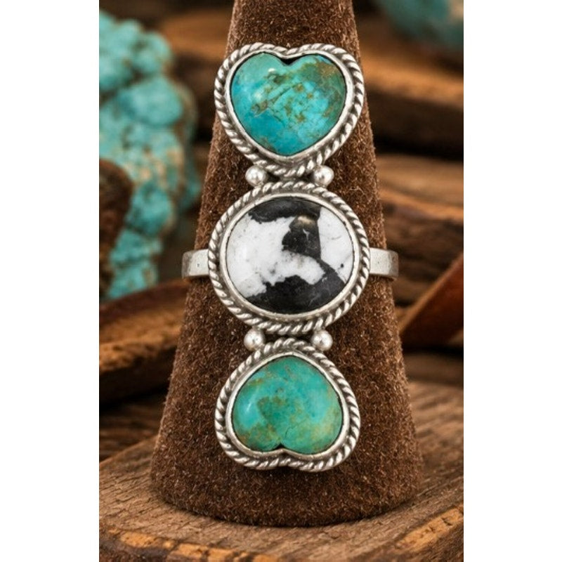 Southwestern Kingman Turquoise & White Buffalo Three-Stone Crawler Ring | 925 SS