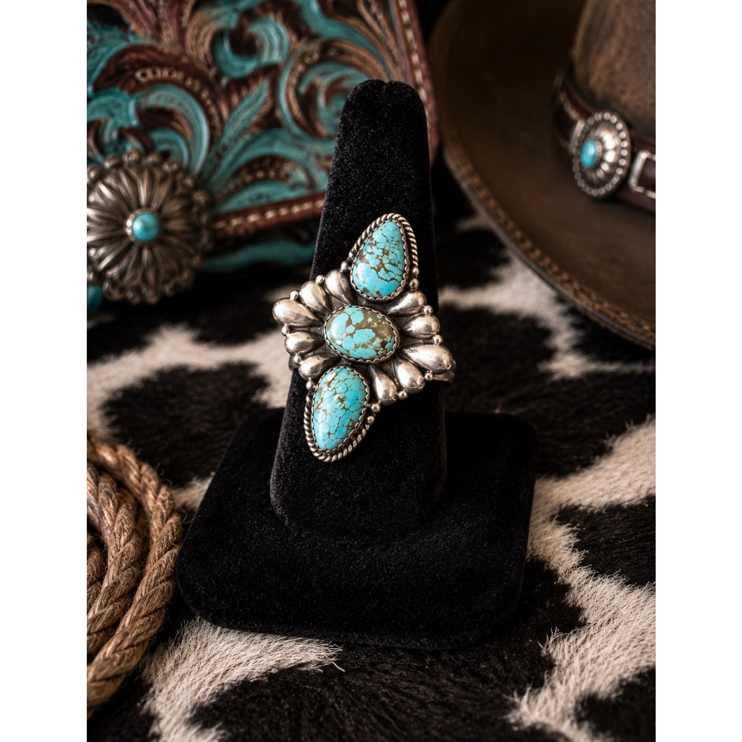 #8  3 stone large Turquoise Ring in Sterling Silver