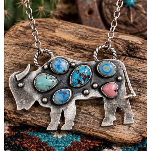 Turquoise Multi Stone Large Buffalo in Sterling Silver with 22" Chain