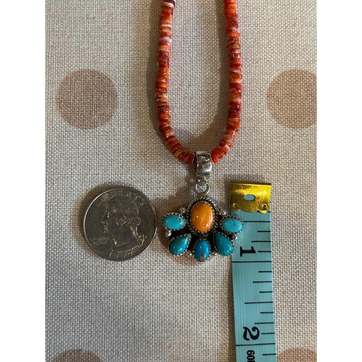 Mojave Turquoise & Orange Spiny Oyster Cluster Pendant Necklace | 16" Sterling Silver