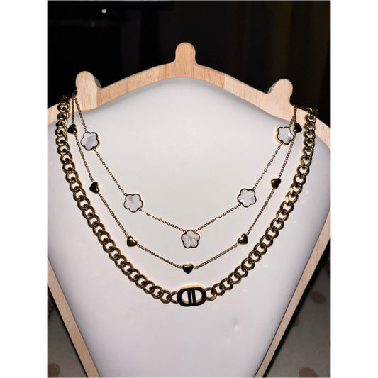 18k Gold Plated Water Proof, Tarnish Free Clover & Heart Necklace, Heart Accents