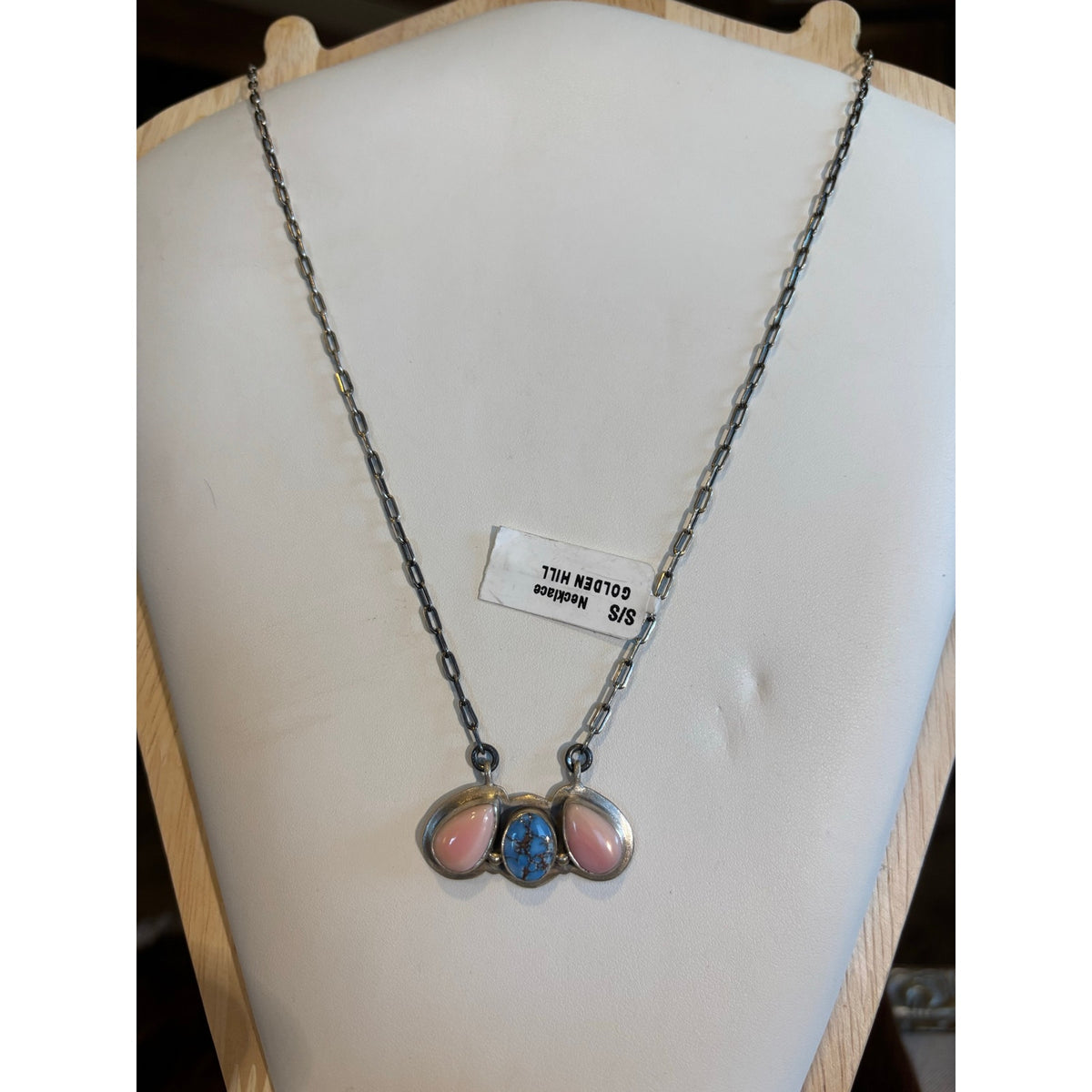 Pink Conch & White Water Turquoise Bar Necklace – Sterling Silver, Adjustable 20" Paperclip Chain