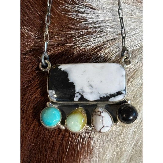 White Buffalo, Turquoise Multistone Bar Necklace 20" Chain