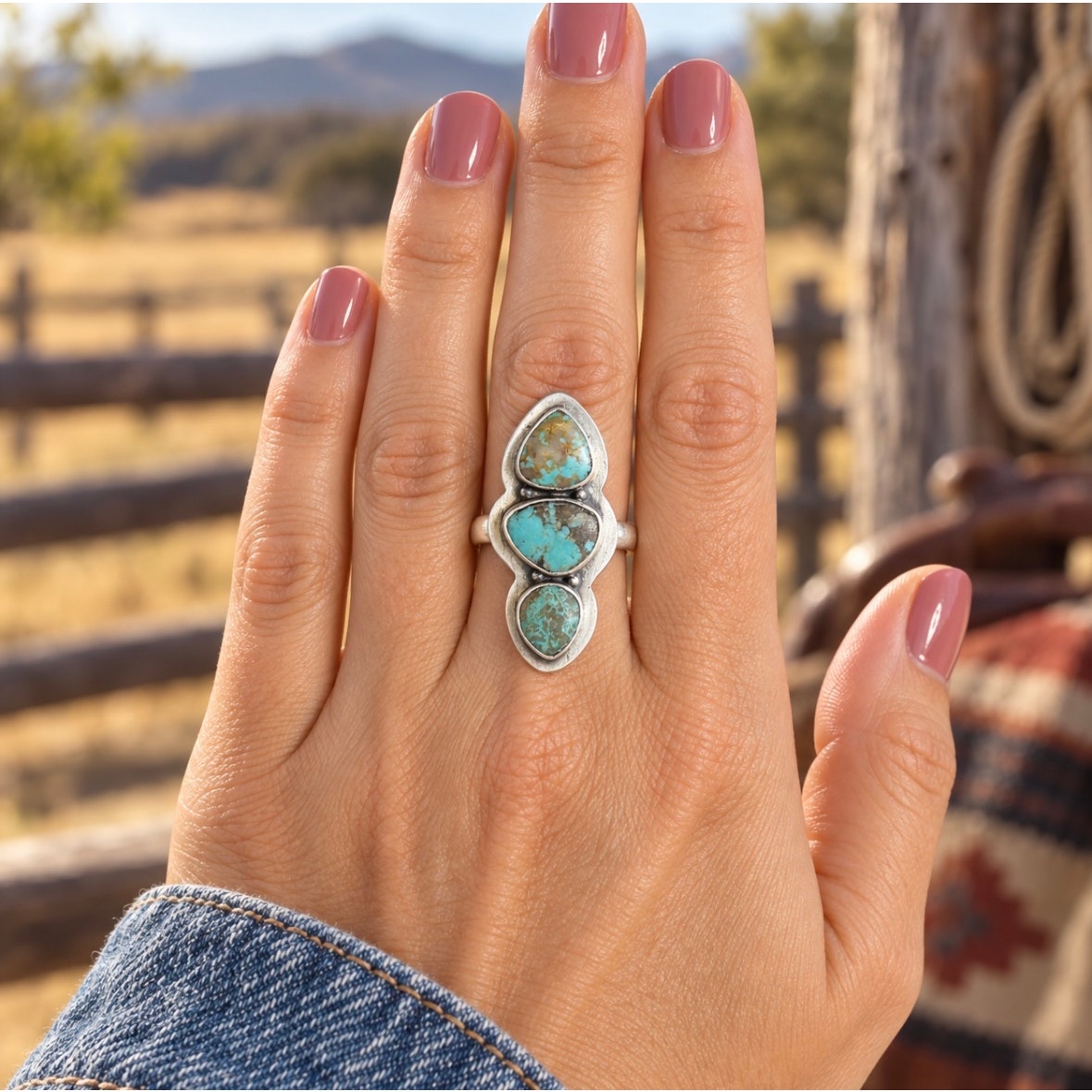 Number 8 Turquoise 3-Stone Crawler Ring | Adjustable Southwestern Sterling Silver