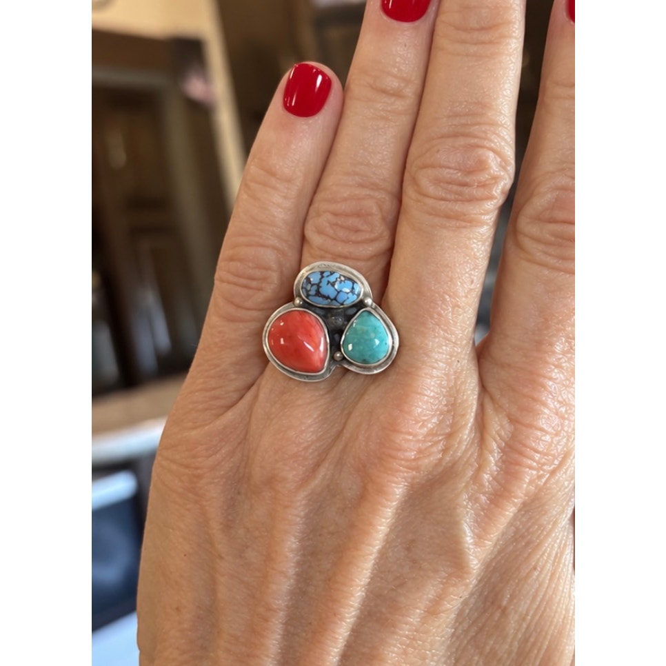Kingman & Blue Turquoise Red Coral 3 Stone Sterling Silver Ring