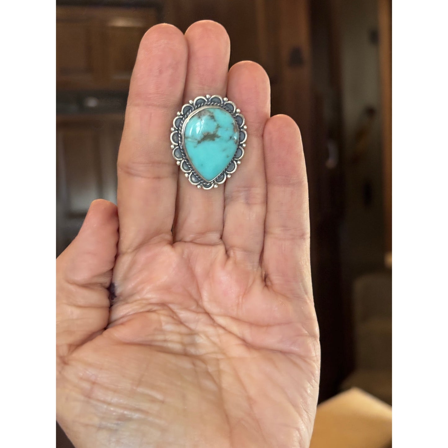 Number Eight Turquoise Tear Drop Ring in Sterling Silver