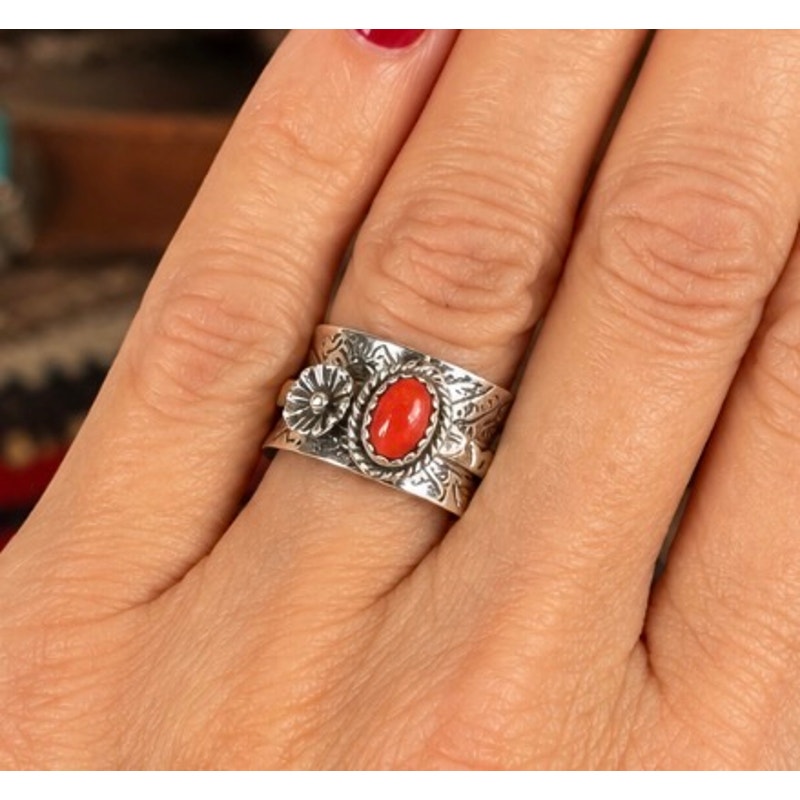 Red Spiny Southwestern Spinner Ring – Sterling Silver Hand-Stamped Floral Design