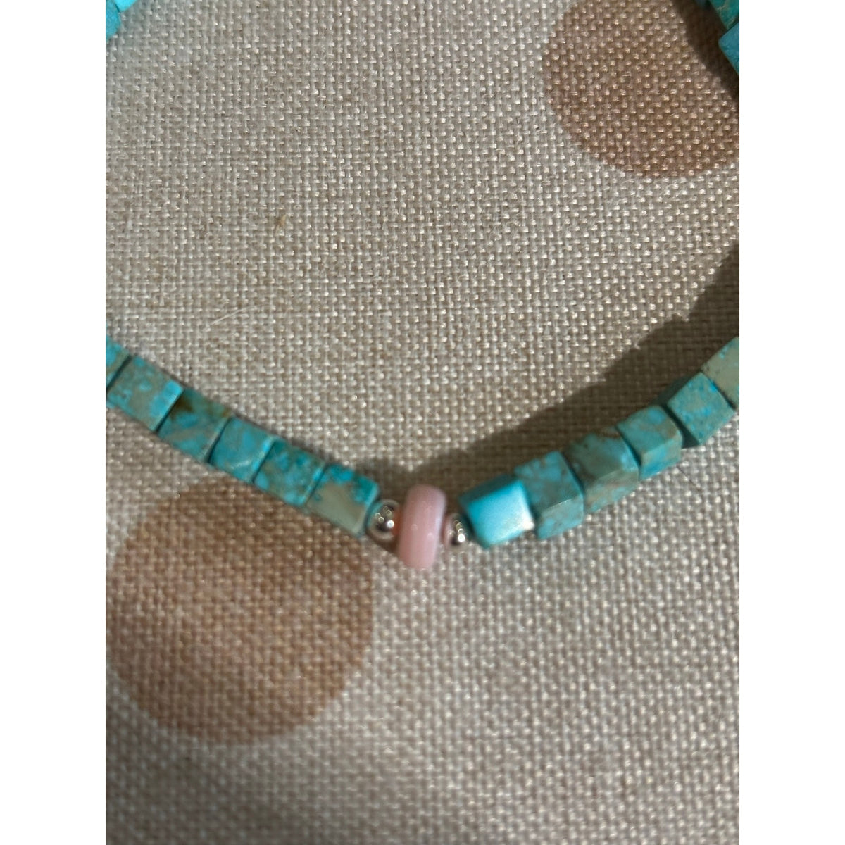 Kingman turquoise and Pink Conch Square Beaded Bracelet sz 8