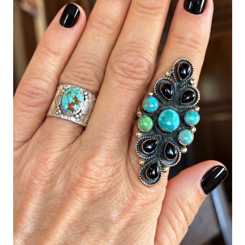 Turquoise & Black Onyx Multistone Copper Statement Ring adjustable 5-9