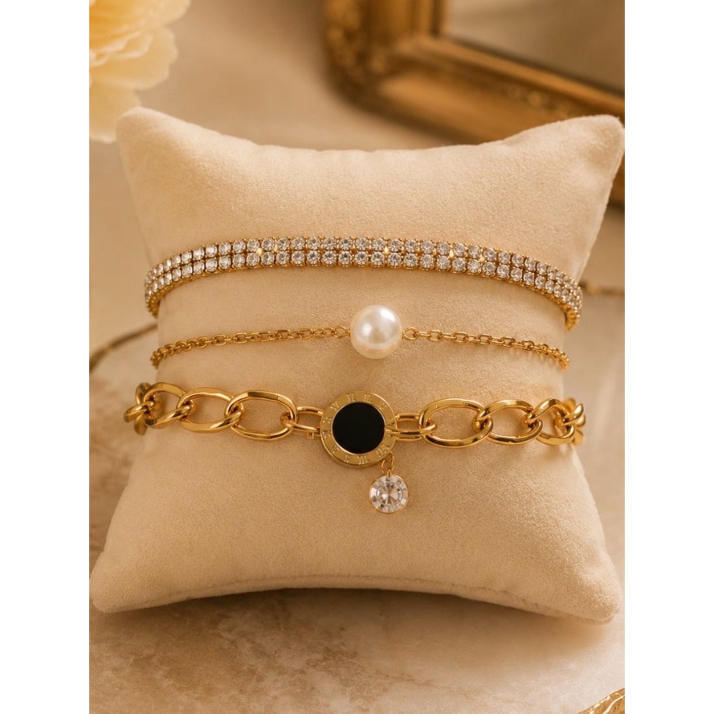18k Gold Plated Water Resistant Layered Bracelet Set with Pearl and Crystals