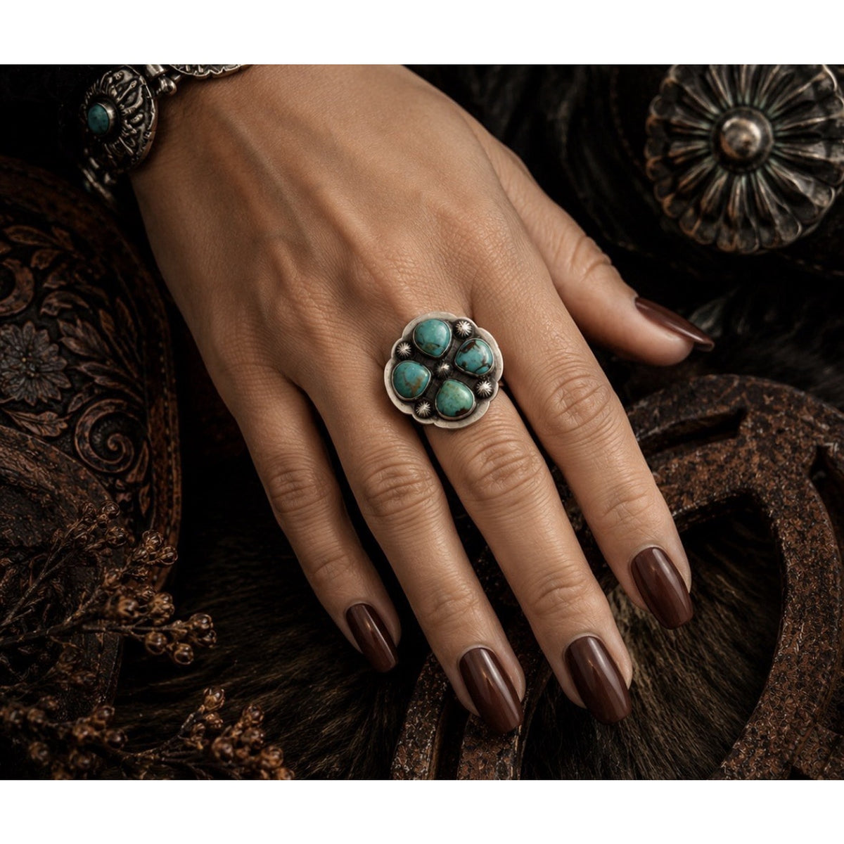 Number 8 Turquoise Cluster Statement Sterling Silver Adjustable Ring