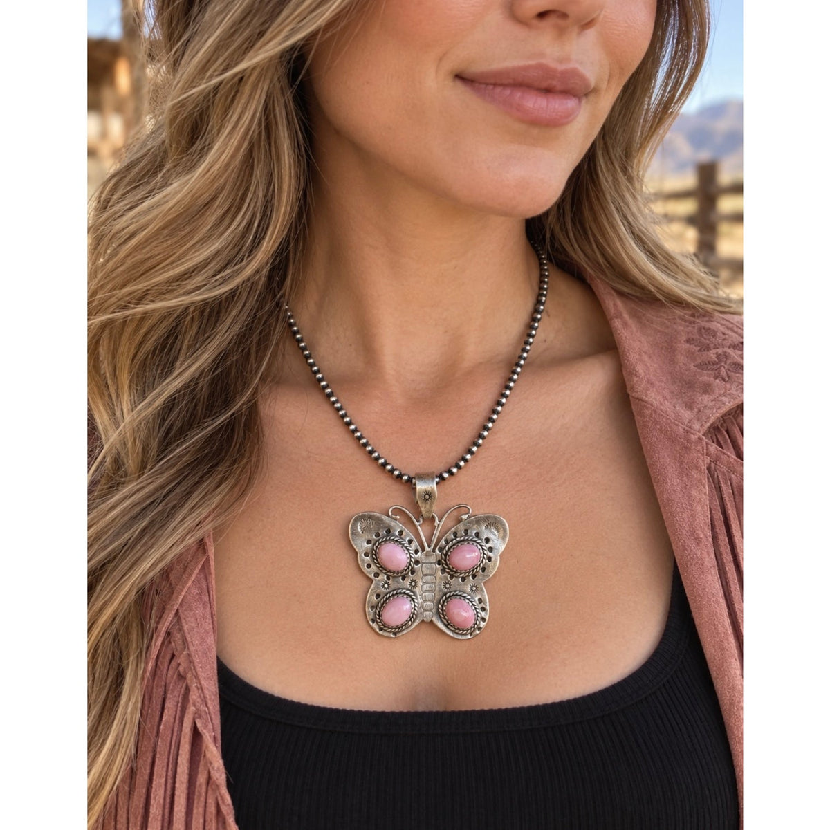 Pink Conch Butterfly Statement Pendant – Sterling Silver Southwestern