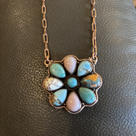 African Turquoise And Red Copper Handmade Pendant Necklace 24”