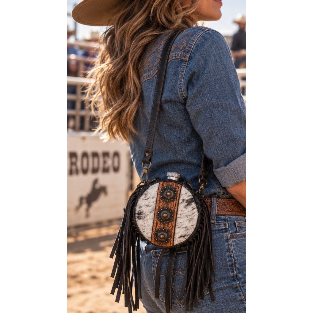 Handmade Cowhide Western Canteen Crossbody with Fringe & Conchos – 4 Inch