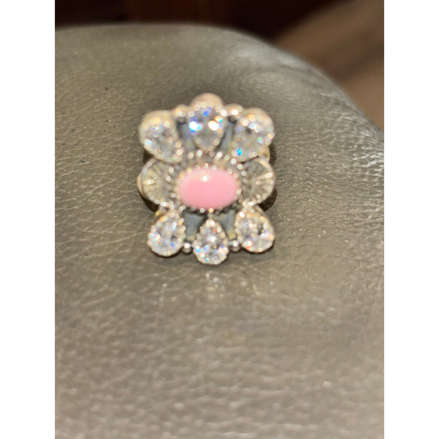 Pink Conch and CZ Sterling Silver Southwestern Ring sz 8 adj