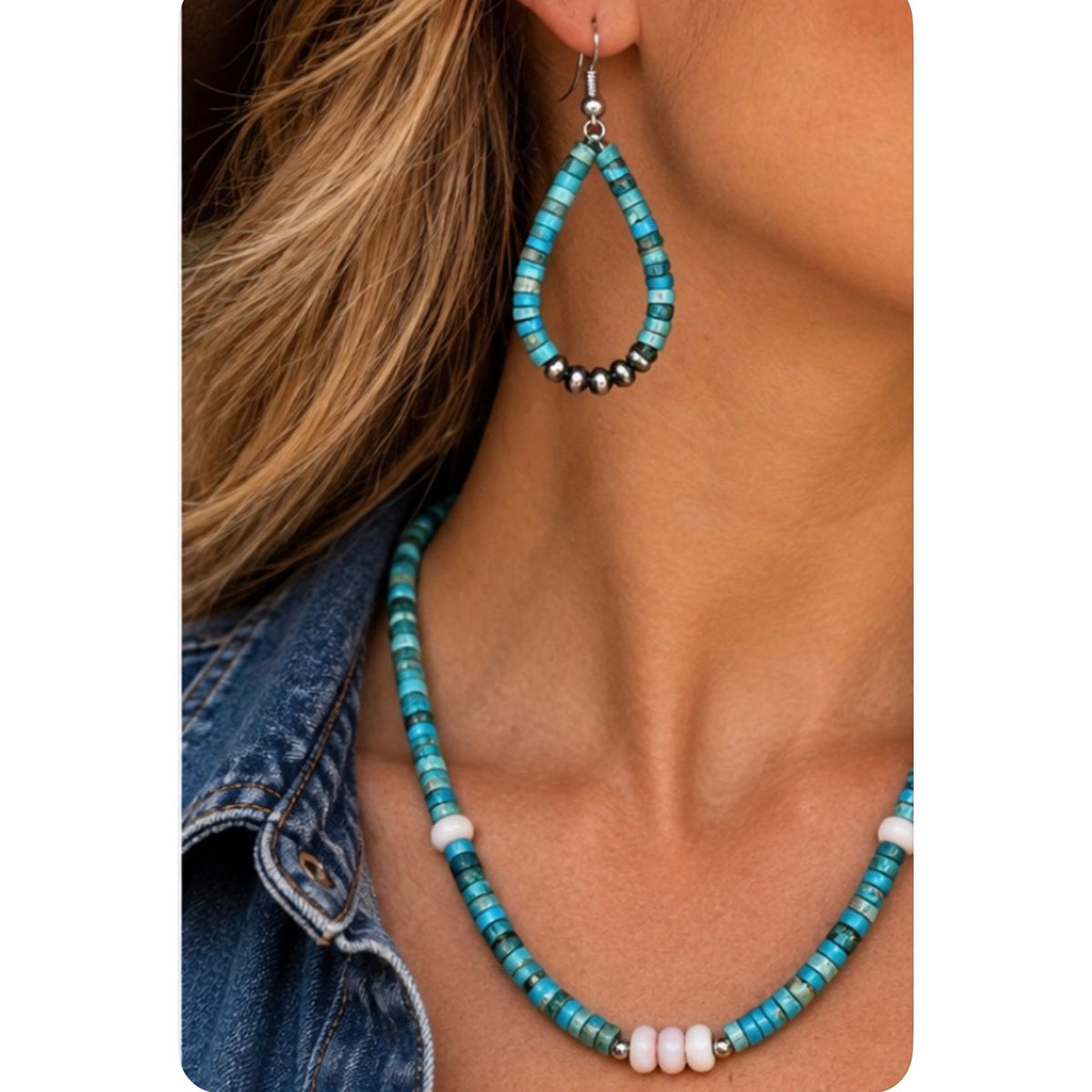 Turquoise| Jasper Heishi necklace with Pink Conch & Matching Earrings.