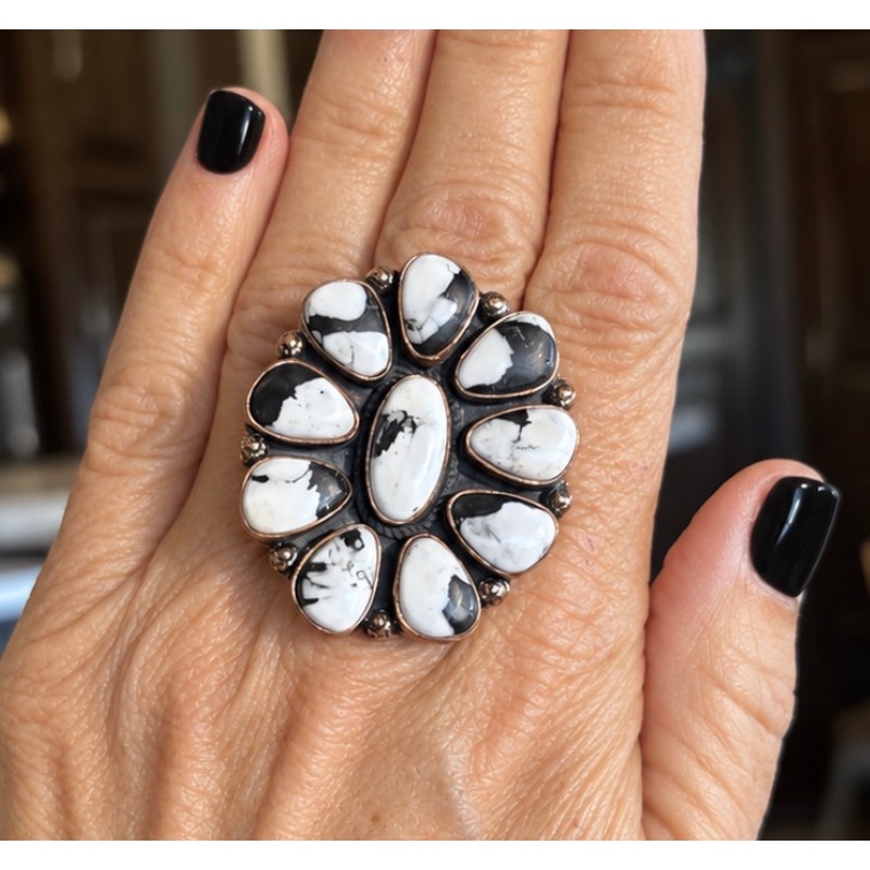 Big White Buffalo Turquoise Cluster Ring set in Copper