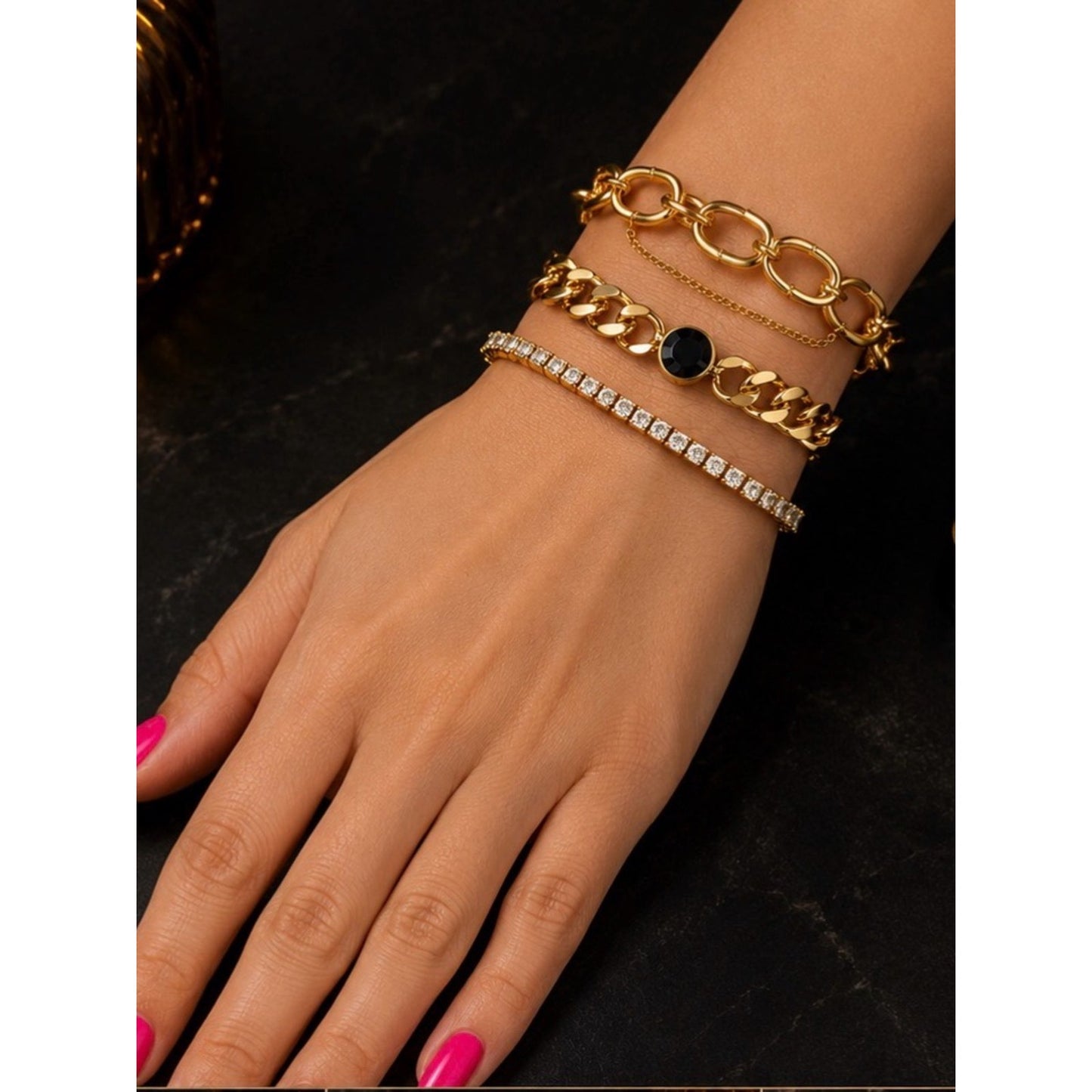 18k Gold Plated Chain and Black Stone Stacked Bracelets Waterproof Tarnish Free