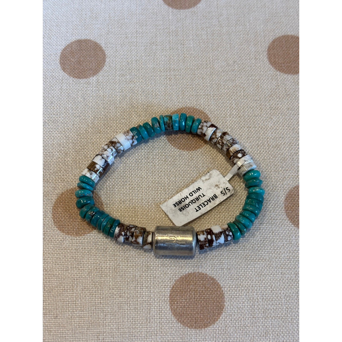 Turquoise & White Horse 7" Bracelet w Sterling Silver Bead