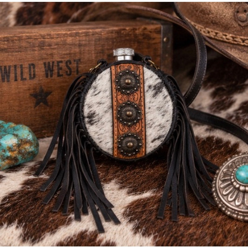 Handmade Cowhide Western Canteen Crossbody with Fringe & Conchos – 4 Inch