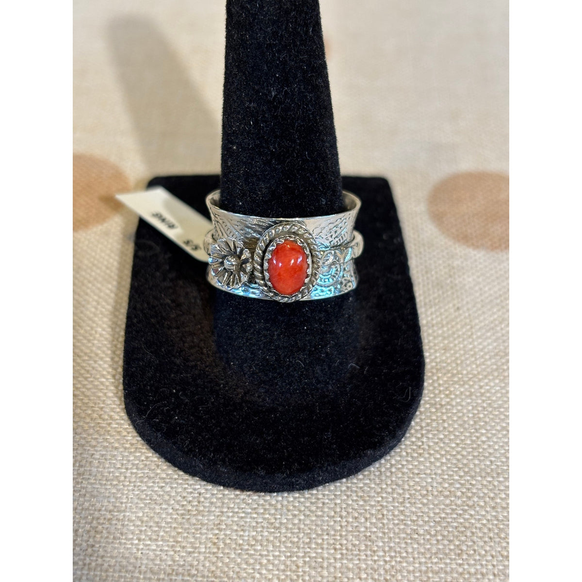 Red Spiny Southwestern Spinner Ring – Sterling Silver Hand-Stamped Floral Design