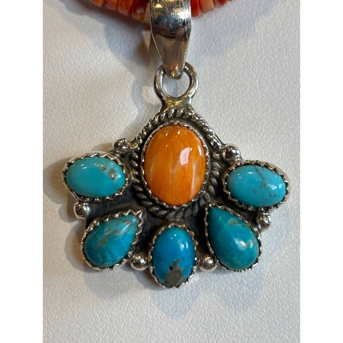 Mojave Turquoise & Orange Spiny Oyster Cluster Pendant Necklace | 16" Sterling Silver