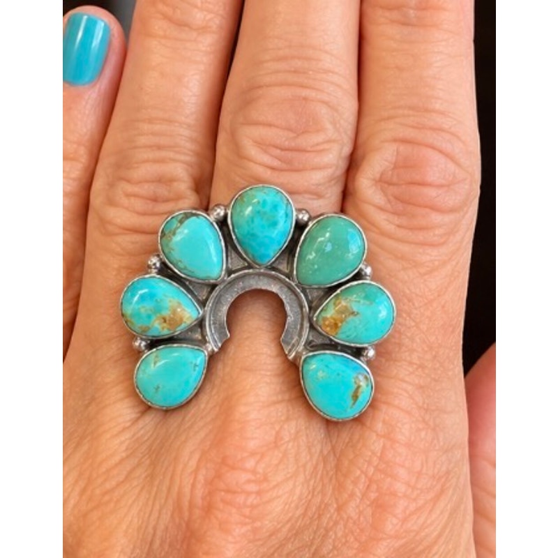Number 8 Turquoise Naja Horseshoe Ring – Sterling Silver Adjustable Southwestern