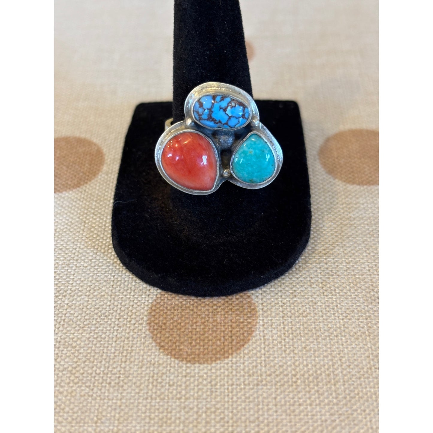 Kingman & Blue Turquoise Red Coral 3-Stone Sterling Silver Ring