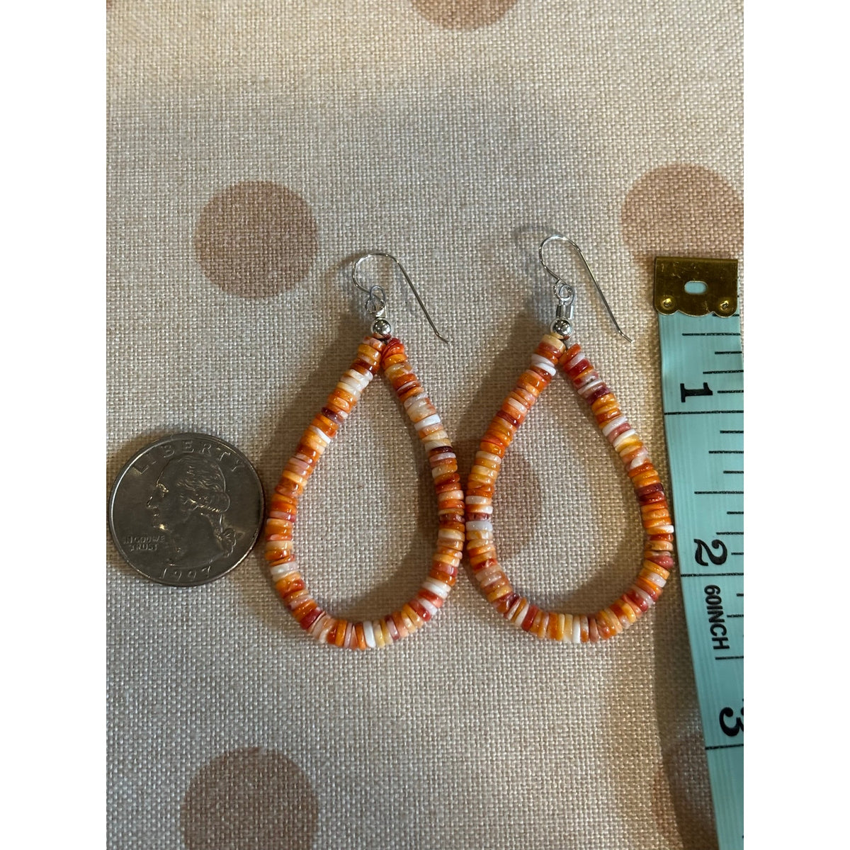 Orange Spiny Oyster Heishi Teardrop Dangle Earrings | Southwestern Sterling Silver
