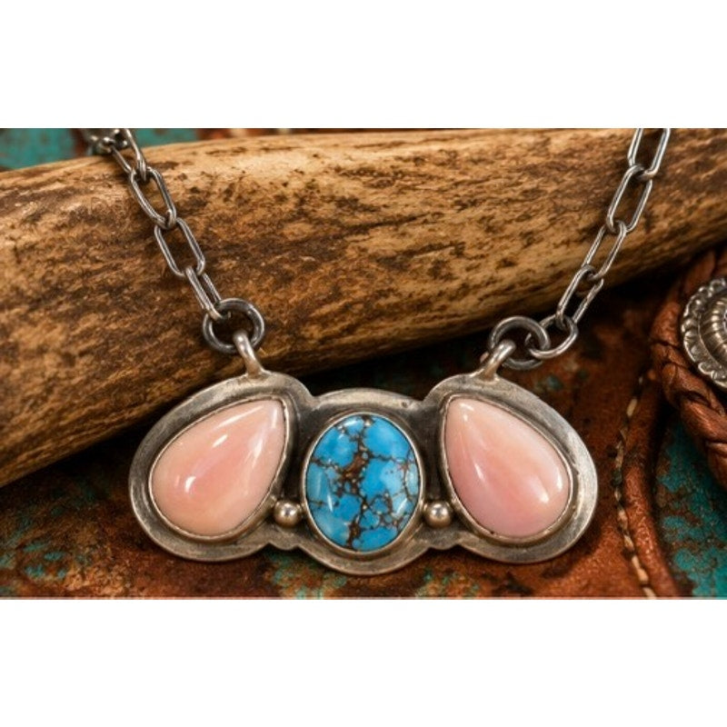 Pink Conch & White Water Turquoise Bar Necklace – Sterling Silver, Adjustable 20" Paperclip Chain