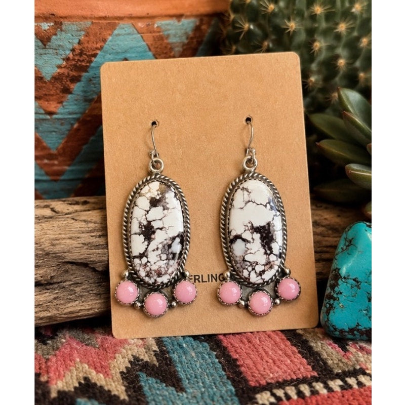Wild horse Turquoise Pink Conch Western Dangle Earrings