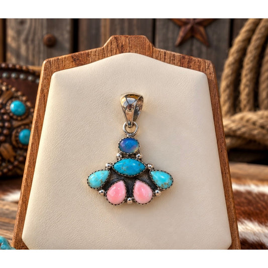 Kingman Turquoise Blue Opal & Pink Conch Pendant 925 Silver