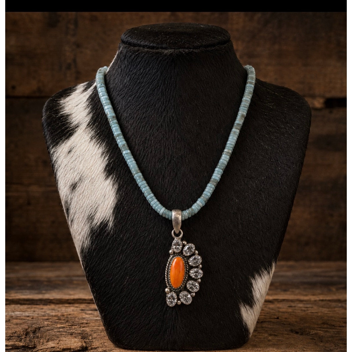 16" Larimar Heishi Necklace with Orange Spiny CZ SS Pendant