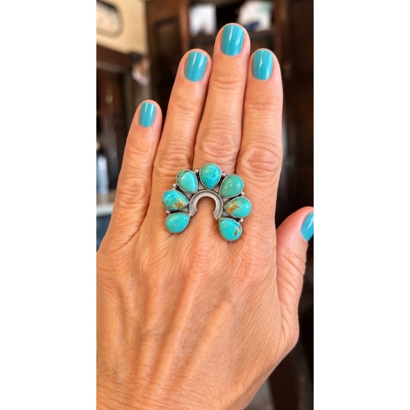 Number 8 Turquoise Naja Horseshoe Ring – Sterling Silver Adjustable Southwestern