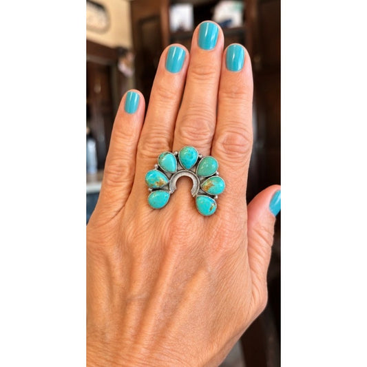Number 8 Turquoise Naja Horseshoe Ring – Sterling Silver Adjustable Southwestern