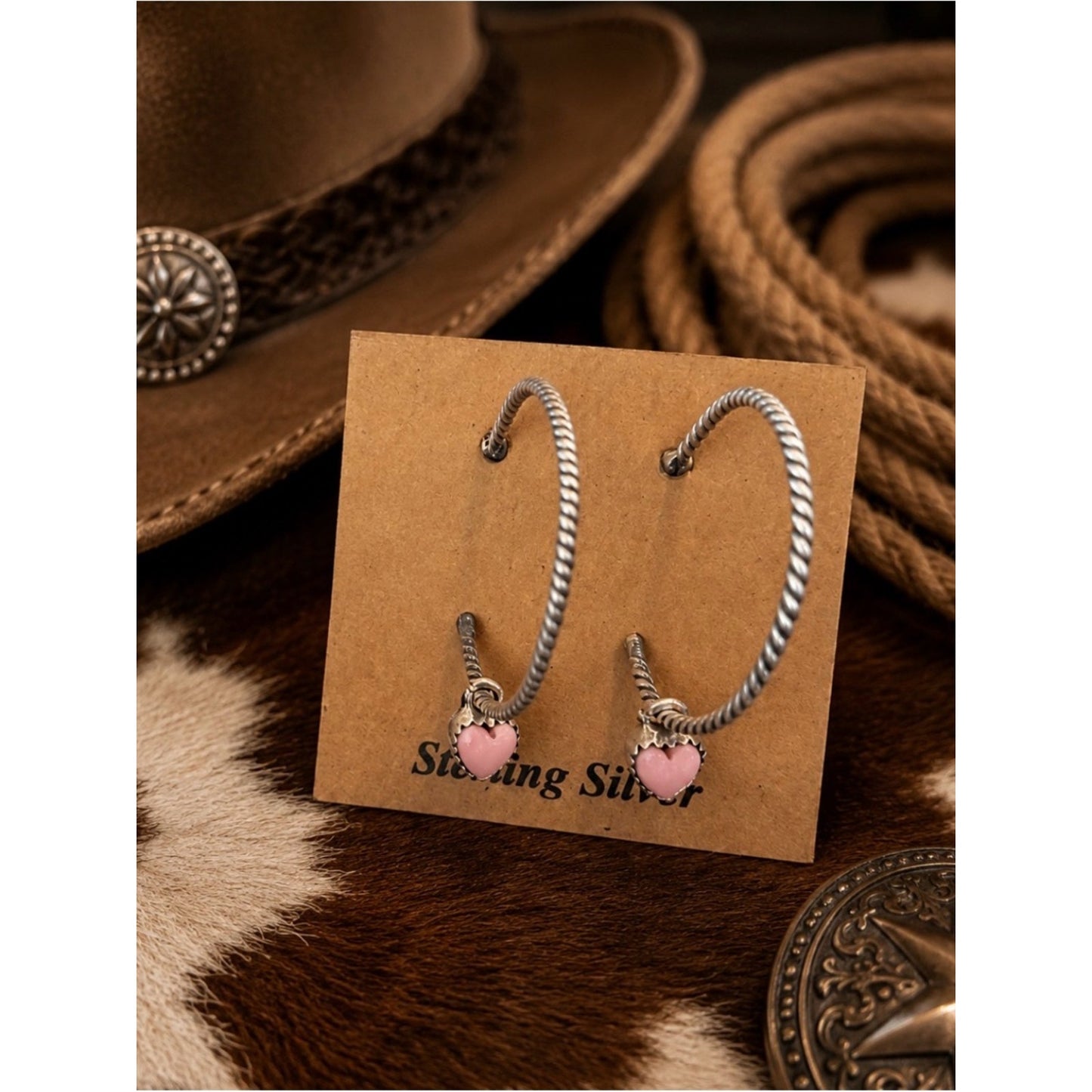 Sterling Silver Hoop Earrings with Pink Conch Heart Charms