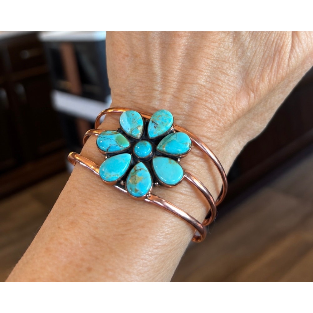 Mohave Turquoise Flower| Cluster Adjustable Copper Cuff Bracelet